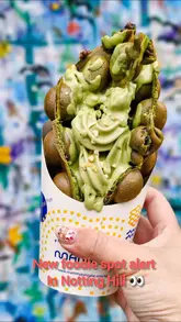 Bubble waffles and sweet treats at Mammy Pancake in Portobello, West London, offering both sweet and savoury options.