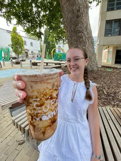 Dairy-free drinks at CUPP in Bristol: Cherry Vanilla Matcha, Miso Maple Latte, and Cinnamon Bun Boba with Oatly.