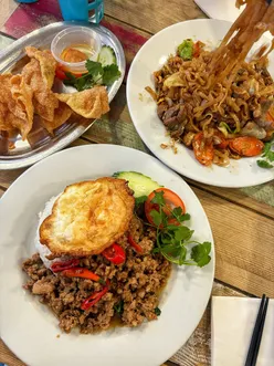 Delicious Thai dishes at Thai House Newcastle: Beef Pad See Ew, Kao Rad Ga Prao, and crispy wontons, plus dog-friendly vibes!