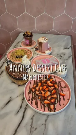 Delicious desserts at Annies Dessert Cafe in Chorlton, Manchester, featuring cookie dough and pistachio kunafa brownie.