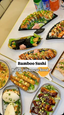Delicious halal sushi and Japanese dishes at Bamboo Sushi in East London, featuring vibrant Naga Dynamite rolls.