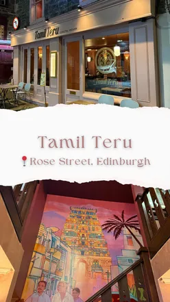 Cozy dining at Tamil Teru in Edinburgh, featuring vibrant Tamilian art and flavorful Indian dishes like Chicken Lollipops.