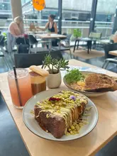 Breakfast at Moibakeshop in Liverpool: Turkish Eggs and Nutella Pistachio French Toast with Tiramisu Latte.