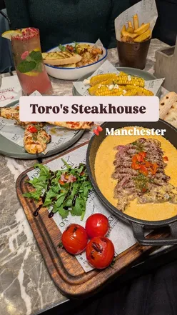 Delicious dishes at Toro's Manchester, featuring steak, chicken skewers, and prawns made with high-quality halal ingredients.
