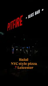 Enjoying Halal NYC-style pizzas at Pitfire Slice Bar in Leicester with unique toppings and fun names!