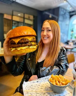 Leeds: Fat Hippo, 22 Boar Lane - The American burger (double patty) with fries; messy and delicious; vegan options.