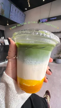Enjoying matcha lattes at Teapresso in Leeds, featuring a mango puree option, with a BOGO offer available.