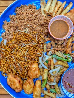 Delicious Chinese street food platter from Wok Dis Way, featuring a munchie box with rice, noodles, and savory treats.