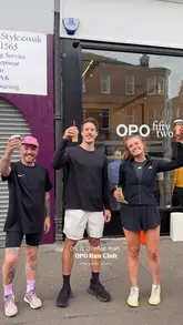 OPO Run Club members running and enjoying cookies every Saturday at 10am.