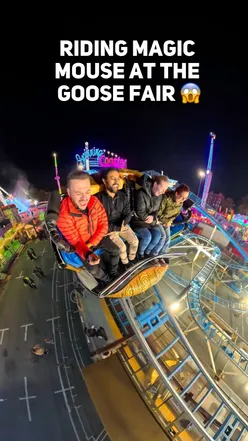 Rollercoaster POV on the Magic Mouse ride at the Goose Fair in Nottingham, celebrating fun and excitement at the iconic event.