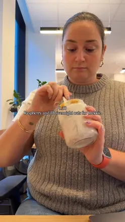 Morning routine in London: gym workout, shower, office desk setup, and breakfast of overnight oats with a latte.