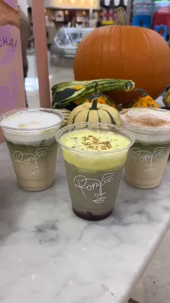 Matcha kiosk at Trafford Centre featuring seasonal drinks like Bramble Berry Crumble and Salted Vanilla Maple from Pom Kitchen.