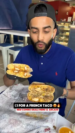 Delicious French tacos and combo meals at Taco Smash near Mile End Station, featuring arcade games and great deals.