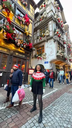 Charming teddy bear street in Strasbourg, a whimsical fairytale town filled with Christmas magic and decorations.