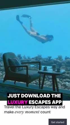 Luxury Escape app showcasing sunny destinations like Bali and Dubai for exclusive travel deals and savings.