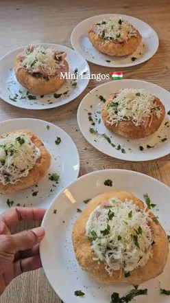 Delicious Mini Langos topped with truffle, sour cream, mushrooms, and Hungarian cheese, inspired by Budapest street food.