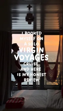 Solo traveler enjoying a Virgin Voyage cruise, exploring ports like Amsterdam and Dublin, with onboard activities and dining.