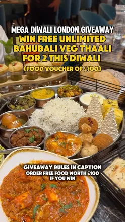 Diwali giveaway announcement for £100 food prize at Meera’s in London, featuring festive vibes and community celebration.