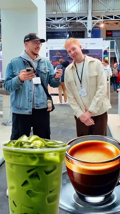 Coffee menu with public favorites and @pourkupine, showcasing delicious espresso options at a vibrant cafe.