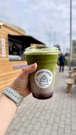 Stasia enjoying Blueberry Matcha and Strawberry Matcha at Ferry View, riverside café in South Shields.