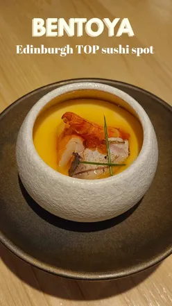 Chawanmushi and bento box at Bentoya, a top Japanese restaurant in Edinburgh, showcasing delicious sushi and tempura.