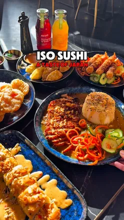 Enjoying a delicious Japanese meal with gyoza, sushi rolls, and green tea at ISO Sushi in Wolverhampton.