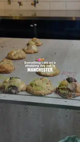 Shopping day in Manchester featuring almond croissant, sushi, and more from local eateries like Caffe Nero and Joe & The Juice.
