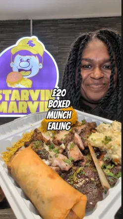 Delicious Black Owned Boxed Munch featuring jerk chicken and potato salad from Starvin' Marvin in Ealing, London.
