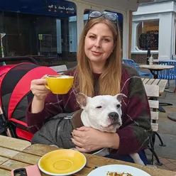 Coffee and cake date in Kingston, featuring cozy outfits from Marks & Spencer and Barbour with a cute Staffordshire Bull Terrier.