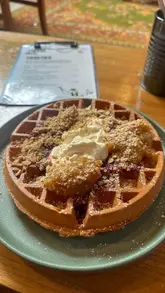 Enjoying apple and fig oats, waffle crumble, and toastie at dog-friendly Morridge in Harborne this autumn.