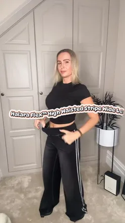 Model showcasing flattering Halara wide-leg jeans, highlighting comfort, real pockets, and a sculpting fit.