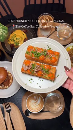 Brunch dishes at The Coffee Bar Collective in Society Birmingham, featuring rosti, granola, hashbrowns, and pig cheek roll.