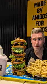 60oz burger tower challenge at Amigos Burgers Tooting with fries and milkshake; epic food showdown video coming soon!