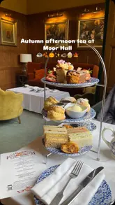 Mother and daughter enjoying autumn afternoon tea at Moor Hall Hotel, complete with seasonal flavors and cozy atmosphere.