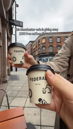 Free coffee giveaway at Federal Cafe Bar in Manchester's Northern Quarter, celebrating its reopening after refurbishment.