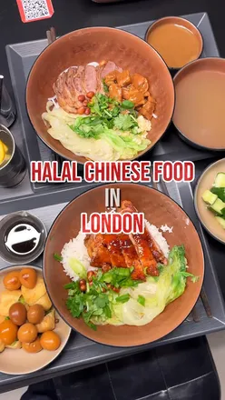 Delicious halal Chinese dishes at Chew Fun in London, featuring roasted duck, beef soup, and pickled cucumbers.