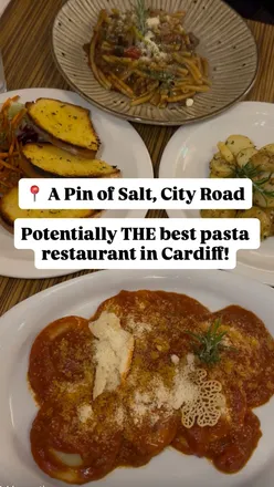 Delicious pasta and desserts at A Pin of Salt, City Road in Cardiff, showcasing fresh ingredients and generous portions.