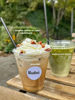 Delicious pecan latte and matcha drink selection at dog-friendly cafe near the beach in Sunderland.