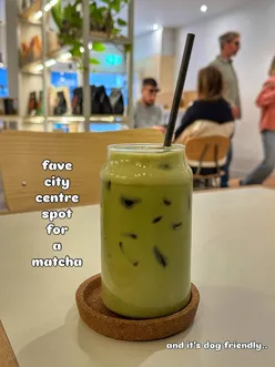 'Oat matcha latte and pup cups at Laneway Coffee Co, a dog-friendly café in Newcastle city centre.'