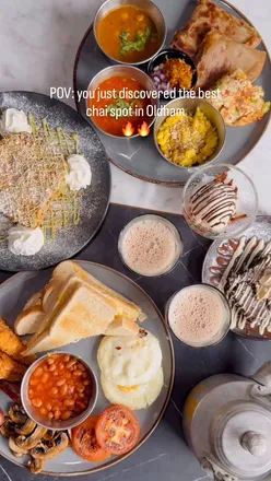 Delicious Full English and Desi Breakfast, Kunafah Toast, and Karak Chai at MilJul Chai House in Oldham.