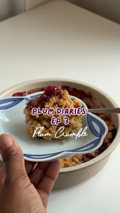 Delicious homemade plum crumble with custard, featured in episode 3 of Plum Diaries, perfect for cool weather.