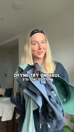 DFYNE try-on haul featuring a tall gym girl showcasing stylish activewear looks. Use code KATP for savings!