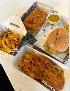 Classic fish supper, pizza crunch, chip butty, and salt and pepper chips at Mother Hubbards in Dundee.