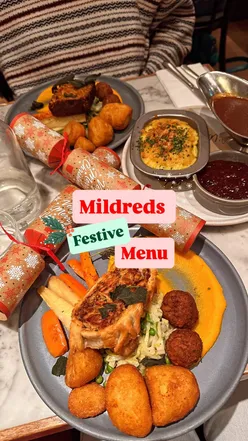 Delicious Mildreds festive vegan menu featuring Chick’n lattice, cauliflower cheese, and indulgent desserts.