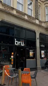 “Brunch at Bru Coffee in Cardiff featuring English breakfast and poached eggs in a beautifully designed interior.”