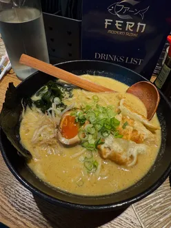 Just breaking up some of the Christmas posts , I couldnt wait to tell you all !! 

Best Japanese in Leeds ??? 

Well it’s certainly a real contender in our opinion. @fernmodernsushi_uk is an absolutely fantastic addition to Leeds. 

I took Nina for a mummy daughter date last week for lunch for the lunch menu. For £12.95 each we had a starter and a main and it’s amazing value and gorgeous food. Nina had sushi and then a salmon teriyaki and I had literally the best ramen I’ve ever had. The portions are absolutely massive too, we took doggy bags. 

The restaurant is really unique. You can sit at the bar and watch them make the sushi which is really fun. They gave Nina some kids chopsticks which we thought was so cute!! It’s not a place to have a long leisurely lunch , we were in and out in around 45 mins , perfect for a lunch break. You need to book , it’s so busy.