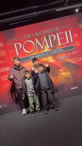 A family-focused vlog showcasing an immersive exhibition about Pompeii at ExCeL London, highlighting various interactive elements like VR, 360-degree projections, and AI photo booths.