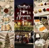 A collage-style promotional image for Claridge's Festive Afternoon Tea, featuring a central shot of the hotel exterior decorated for Christmas, surrounded by smaller images showcasing the tea service, including sandwiches, pastries, and the festive interior decor.