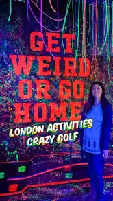 A short, upbeat video featuring a creator visiting Junkyard Golf Club. The video highlights the various crazy golf courses, the neon-lit decor, and the cocktails available, encouraging viewers to visit for group outings or date nights.