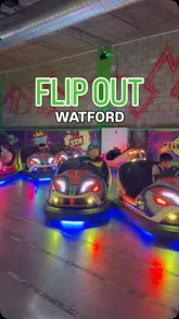 A fast-paced, energetic montage showcasing the various activities available at Flip Out Watford, including trampolines, laser quest, dodgems, and more, aimed at families.